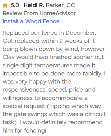 HomeAdvisor 5 star review of Arbor City Fence from Heidi R