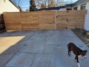 Privacy wood fence installed between two houses. There is a gate on to the right.